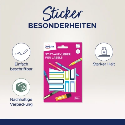 Afbeelding van AVERY Zweckform RESMI30S Lot de 30 autocollants nominatifs pour enfants (50 x 10 mm, papier, stylo, étiquettes inscriptibles, mini nominatives l&#039;école, la maternelle