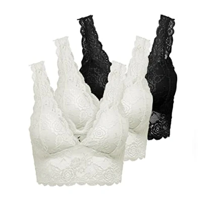 Afbeelding van ONLY Onlchloe Lace Bra Noos Acc kanten beha voor dames (1 stuk), Set van 3 beha&#039;s (2 x wit, 1 zwart), M