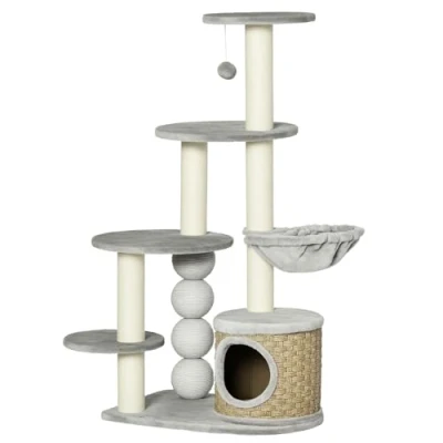 Afbeelding van PawHut Krabpaal, hoogte 115,5 cm, krabpaal met kattenkooi, klimboom hangmat, speelbal en jutepalen, kattenhuis, kattenmeubel, lichtgrijs