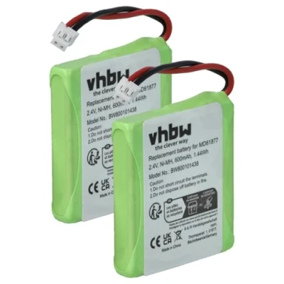 Afbeelding van vhbw 2 x NiMH batterij 600 mAh (2,4 V) telefoonhandset, vaste telefoon Medion MD81877, MD82711, MD82772, MD82877. Vervangt: 5M702BMX, GP0827.
