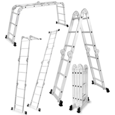 Afbeelding van DRABEST 4 x 3 multifunctionele aluminium scharnierladder, stabiele ladder, belastbaar tot 125 kg, aluminium, 0,33 0,98 0,25 m