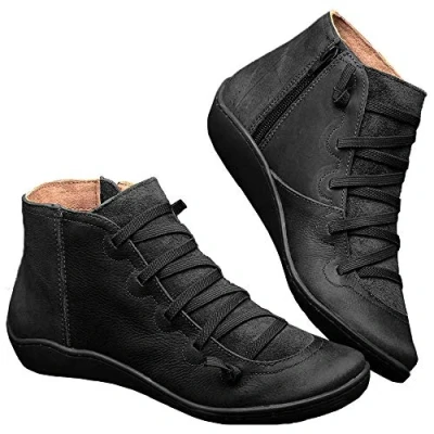 Afbeelding van Kinloy Veterlaarzen voor dames met ondersteuning van de voetboog en platte hak, ritssluiting aan zijkant, waterdicht, vintage, leer, antislip, herfst, winter, vrijetijdsschoenen, maat 36 41, zwart.