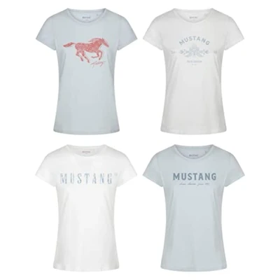 Afbeelding van Mustang Dames T shirt Alexia C Logo slim fit Turkoois M ronde hals Volwassenen Basic met korte mouwen en gemaakt van 100% katoen