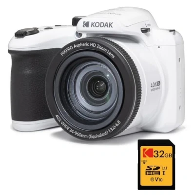 Afbeelding van Kodak Pack Bridge Numérique Pixpro Astro Zoom AZ405 + Carte SDHC Ultra High Speed U1 32GB Appareil Photo 20 mégapixels, X40, Grand Angle, LCD, Vidéo Full HD 1080p, OIS, Pile AA Blanc