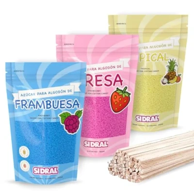 Afbeelding van SIDRAL Suiker suikerspin voor katoenen machine (3 x 250 g) met 25 recyclebare stokjes om te proeven, set van 3 aroma&#039;s (roze, blauw en geel)