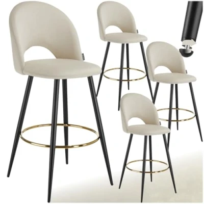 Afbeelding van tectake® Set van 4 Barkrukken Sachel Gestoffeerde Barkruk met rugleuning Barstoelen Ergonomische Barstoel voetensteun Eetkamerstoel fluweellook bekleding Stevige stalen poten antislip vloerbescherming Crème/Zwart