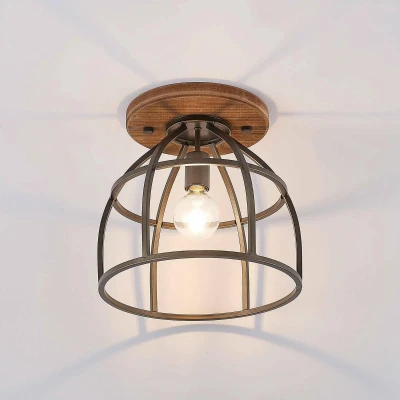 Afbeelding van Lindby plafondlamp hout 1licht metaal, H: 33.4 cm E27 zwart, bruin