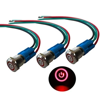 Afbeelding van QitinDasen 3 stuks premium 12 V/24 V A drukknopschakelaar, zelfblokkerend, mm, rode led schakelaar, waterdicht, IP66, met stroomdraad