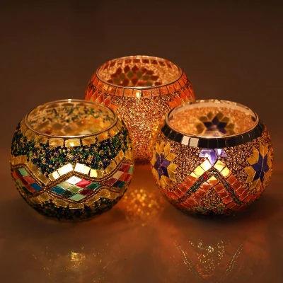 Afbeelding van Belle Vous Theelichthouder van getint glas (3 stuks) 10,2 x 7,8 cm (l h) glazen kaarsenhouder mozaïek decoratie voor huis, bruiloft tafel en aromatherapiecadeau