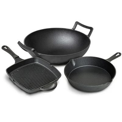 Afbeelding van Blackwell Pannenset Gietijzer Grillpan 23 x cm, Koekenpan ø 25 cm &amp; Wok 32 3 Delig Voor alle warmtebronnen