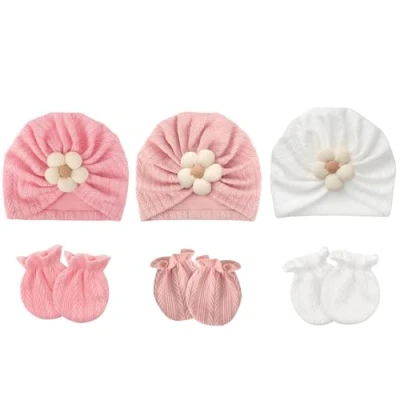 Afbeelding van DRESHOW Babymutsen en wanten, beschermende pasgeborenen, peuters, zacht, schattig, gebreid, voor baby&#039;s, jongens, kinderen, muts, 0 6 maanden, 3 sets: bloemenhoeden wanten 58 F01