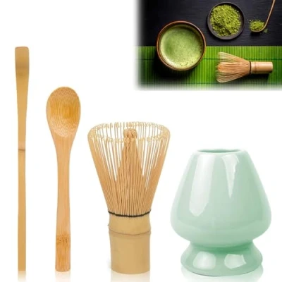 Afbeelding van matcha bezem, set van 4 accessoires, lepels en gardehouder keramiek, voorbereidings ceremonieset, cyaan