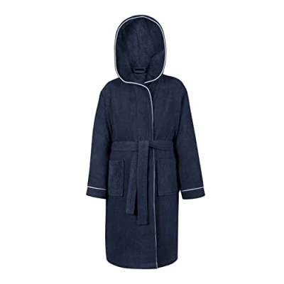 Afbeelding van LAYNENBURG Hoogwaardige badjas voor kinderen en jongeren, met capuchon, 100% katoen, Öko Tex Standard 100, zachte badstof, maten 110 tot 176, Blauw