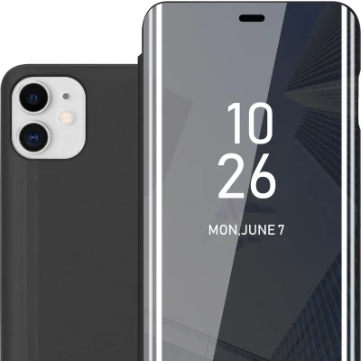 Afbeelding van Cadorabo Hoesje geschikt voor Apple iPhone 11 in TOERMALIJN ZWART Clear View Spiegel Beschermende Case met Tribunefunctie 360 Graden Bescherming Book Cover Etui