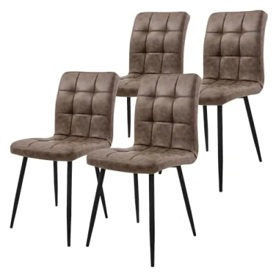 Afbeelding van Eetkamerstoel set van 4 grote vierkante gewatteerde bruine kunstleren bekleding met metalen poten incl. montagemateriaal ML Design