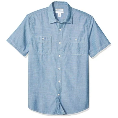 Image de Amazon Essentials Chemise en popeline à manches courtes pour homme, coupe classique, bleu moyen, taille XL