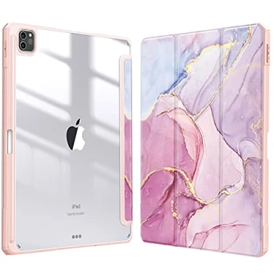 Afbeelding van Fintie Hoes voor iPad Pro 12.9 2021 (5e Generatie)/ 2020/2018 [Ingebouwde Penhouder] Schokbestendige Cover met Transparant Harde Schaal Terug Beschermhoes, (Z Glinsterend Marmer)