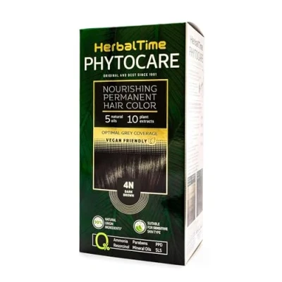 Afbeelding van Herbal Time Phytocare Permanente haarverf donkerbruin 4N, professionele natuurlijke haarverf, voed en bescherm je haar, zonder ammoniak, PPD SLS, 124,5 ml