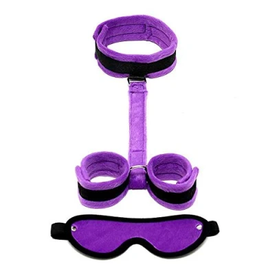 Afbeelding van Rimba bondage Play Soft set met klittenband boeien/collar/blinddoek zwart/paars
