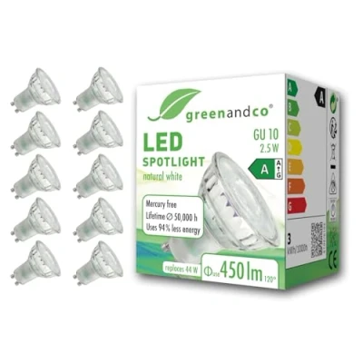 Afbeelding van greenandco 10 x ledlampen GU10 2,5 W 450 lm 4000 K neutraal wit 100 230 V flikkervrij energie efficiëntieklasse A niet dimbaar