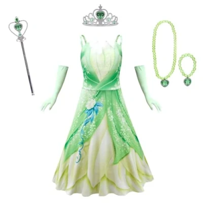 Afbeelding van Lito Angels Kostuum prinses Tiana met handschoenen en accessoires voor kinderen, meisjes, maat 5 6 jaar, groen (stoffen label 120)