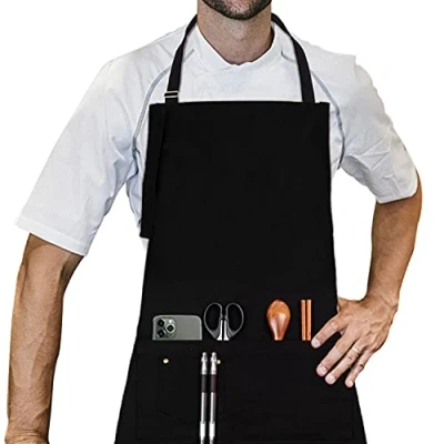 Afbeelding van LessMo schort, grillschort en kookschort van professionele kwaliteit met verstelbare nekband twee zakken, gemaakt 100% katoen 70 x 85 cm