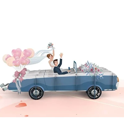 Afbeelding van MOKIO® Pop up bruiloftskaart, bruidspaar in de bruiloftsauto, 3D huwelijkscadeau of geldcadeau voor huwelijksreis, wenskaart met envelop