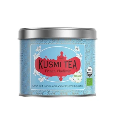 Image de Kusmi Tea Prince Vladimir Bio Thé Noir Earl Grey à l&#039;Orange, Aromatisé aux Agrumes, Cannelle, Bergamote, Vanille et Épices Boîte Métal 100g Quantité pour environ 50 Tasses