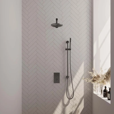 Afbeelding van Brauer gunmetal Edition Regendoucheset inbouw hoofddouche 20cm Gladde knop handdouche staaf 1 stand glijstang PVD geborsteld