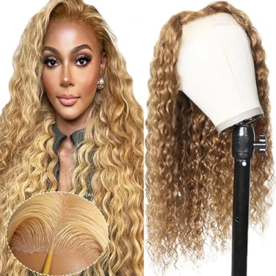 Afbeelding van Tuheerst Blonde Menselijk Haar Pruik Diepe Golf voor Dames Echt 4X4#27 van Zwitserse Kant 100% Onbewerkt Braziliaans Remy Geen Smell Vrouwen 55 cm