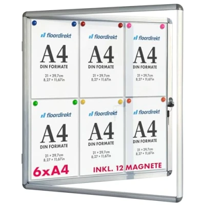 Afbeelding van Floodirekt vitrine 6 x A4 met 12 magneten, magnetische en beschrijfbare achterwand aluminium frame acrylglas
