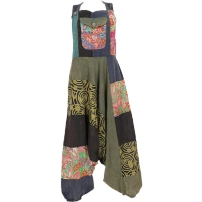 Afbeelding van GURU SHOP Unikat Overalls, patchwork, kleurrijk, jumpsuit, dames, katoen, broek, alternatieve kleding, Groen