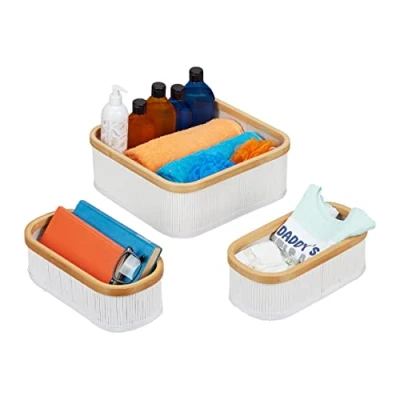 Afbeelding van Relaxdays opbergmand set van 3 badkamermand opberger stapelbaar bamboe wit