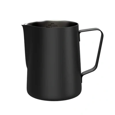 Afbeelding van Melkkannetje (roestvrij staal zwart) 330 ml melkkan voor koffie, cappuccino, espresso met praktische schaal elegant melkschuimkannetje, espressokannetje, barista accessoires