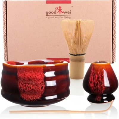 Afbeelding van Goodwei Matcha theeset Japanse met bamboe garde, ceremonieschaal van keramiek en gardehouder, geschenkdoos (Akai, 80)