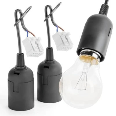 Afbeelding van greate Set van 3 E27 bouwplaatssteunen zwart met snelkoppeling lampfitting trekontlasting renovatiehuls max. 60 W 250 V bouwplaatsfitting fitting
