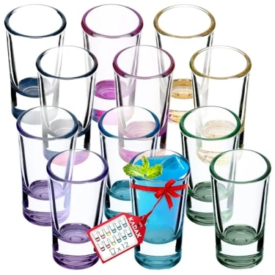 Afbeelding van KADAX Borrelglaasjes, 28 ml, borrelglazenset, stamper voor alcohol, brand, shot, wodka, party, borrelglazen, korte glazen, sambuca puntjesglazen, borrelbekers (meerkleurig, 12 stuks)