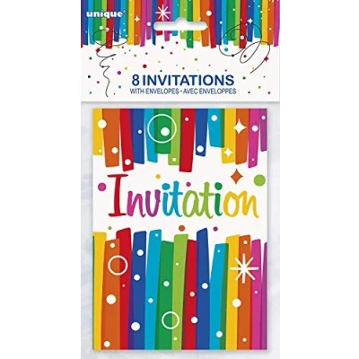 Afbeelding van Unique Party 49574 uitnodigingen voor feestjes, verjaardagen, regenboogstrikken, 8 stuks