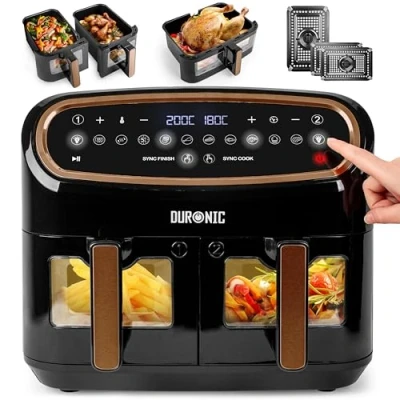 Afbeelding van Duronic AF34 BG Airfryer set met 1 grote lade van 10 l en 2 kleine laden 5 l, vooraf ingestelde kookprogramma&#039;s, zonder olie, Sync Cook , Finish functies