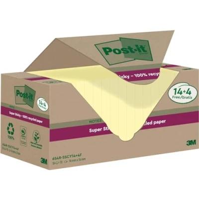 Afbeelding van Post it Super Sticky Notes Recycled, 70 Vel, Ft 76 X Mm, Geel, 14 + 4 Gratis Memoblok