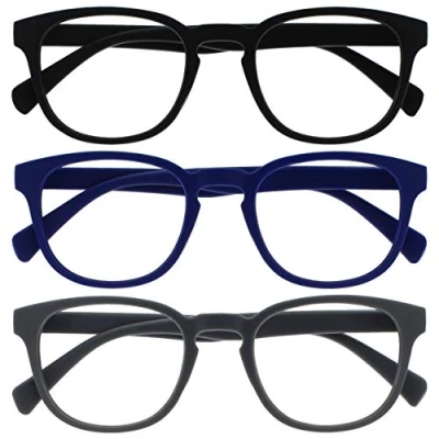 Afbeelding van OPULIZE Pop Pack 3 Retro Rond Glad Zwart Mat Blauw Grijs Mannen Vrouwen Leesbril Lente Scharnieren RRR2 137 +1,50