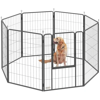 Afbeelding van PawHut enclos pour chiot 8 carrés, avec plaques grillagées, porte, piquets de sol, flexible, pliable, bâche protection, chien, chat, chiot, l&#039;intérieur et l&#039;extérieur