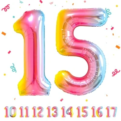 Afbeelding van Verjaardagsballonnen 15 jaar, regenboog, 101 cm, verjaardagsdecoraties van een man en vrouw, opblaasbare cijferballon, beige, jaar