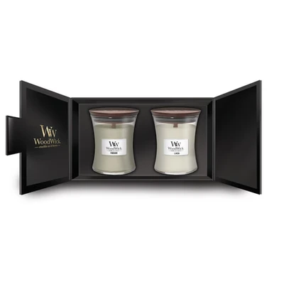 Afbeelding van WoodWick Giftset Geurkaars Medium Fireside &amp; Linen 2 Stuks