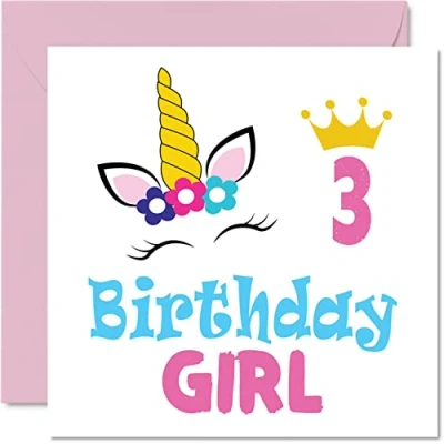 Afbeelding van Stuff4 3e verjaardagskaart meisje eenhoorn Happy Birthday kaart 3 jaar, oud meisje, verjaardagskaarten voor haar, 145 mm x Greeting Card dochter nikkel grootdochter