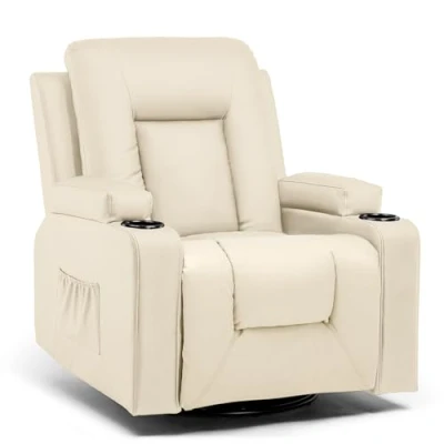Afbeelding van COMHOMA Relaxstoel, massagestoel met ligfunctie, trillingsverwarming, dikke rugleuning en armleuningen, kantelfunctie, 360 graden draaibaar, beige