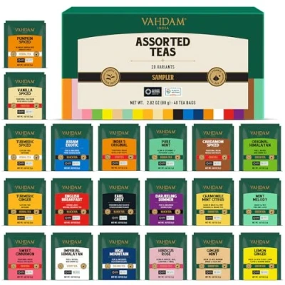 Afbeelding van VAHDAM, Cadeauset met thee (20 smaken, 40 zakjes) groene thee, kruidenthee, zwarte chai en meer theezakjes lange bladeren cadeau voor dames heren