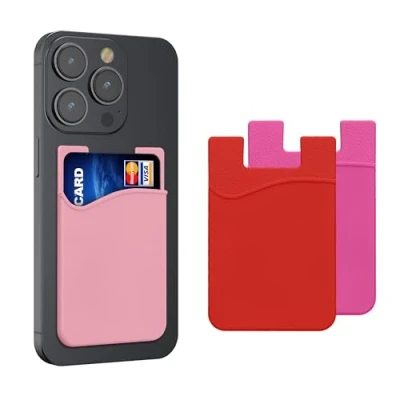 Afbeelding van kwmobile Stick on Card Holder for Phone (Set of 3) Silicone Wallet Holders Sticks to Cell Back or Case Pink / Dark Red