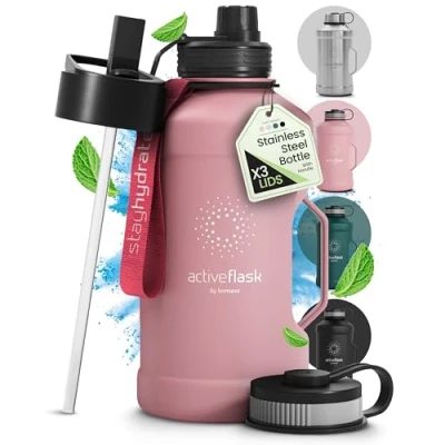 Afbeelding van BeMaxx Active Flask drinkfles van roestvrij staal + rietje (3 deksels), grote sportfles 2,2 liter / 2 l, XL, BPA vrij, lekvrij, koolzuurhoudend, voor sport en training in de open lucht