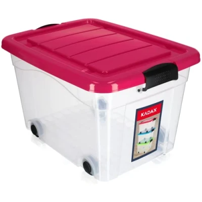 Afbeelding van KADAX Kunststof container met wieltjes, 40 liter, roze opbergdoos van kunststof, organizer deksel, clipbox voor speelgoed, opbergcontainer kliksluiting